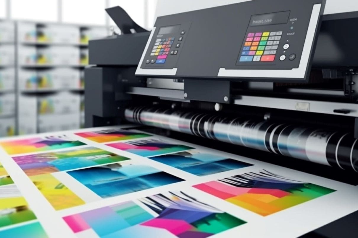A printer in action, printing a large roll of paper.
